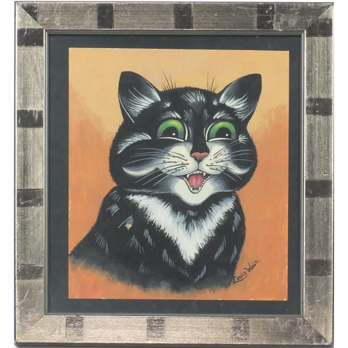 2252 - After Louis Wain - Smiling cat, gouache on card, mounted and framed, 30cm x 25cm