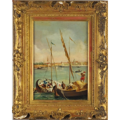2250 - Venetian scene with figures in gondola's, oil on board, bearing an inscription verso possibly Guardi... 