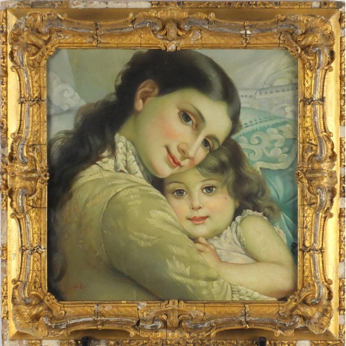 2130 - Mother with child in an interior, Pre-Raphaelite style oil, bearing a monogram EBJ, framed, 27cm x 2... 