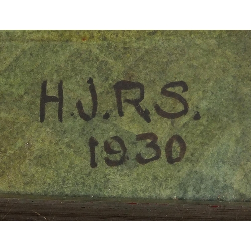 2253 - Tudor interior scene, early 20th century watercolour, bearing a monogram HJRS 1930, mounted and fram... 