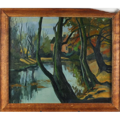 2298 - Trees before a pond and cottage, oil, bearing an indistinct signature possibly Ethelbent White and i... 