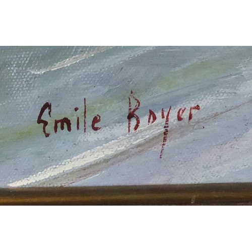 2623 - Manner of Emile Boyer - Parisian street scene, oil on board, inscribed verso, framed, 59.5cm x 44cm