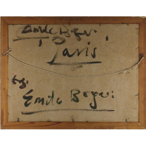 2623 - Manner of Emile Boyer - Parisian street scene, oil on board, inscribed verso, framed, 59.5cm x 44cm