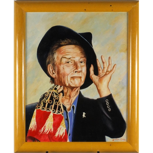 2128 - After Quentin Crisp - Self portrait, oil on card, framed, 49.5cm x 39cm