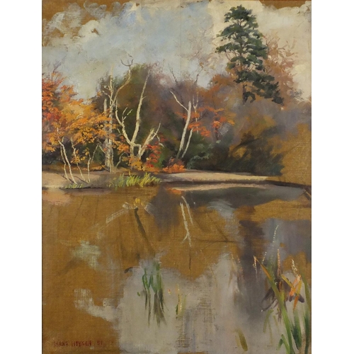 2622 - Lake before trees, Australian school oil on canvas board, bearing a signature Hans Heysen, framed, 4... 