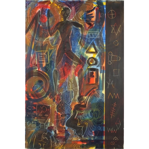 943 - Surreal figures, pair of African tribal school oil on canvases, unframed, each 100cm x 66cm