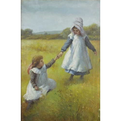904 - Two young girls in a field holding hands, impressionist school oil on canvas, bearing an indistinct ... 