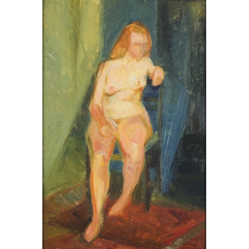 992 - Seated nude female in an interior, early 20th century German school oil on board, bearing a indistin... 