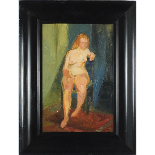 992 - Seated nude female in an interior, early 20th century German school oil on board, bearing a indistin... 