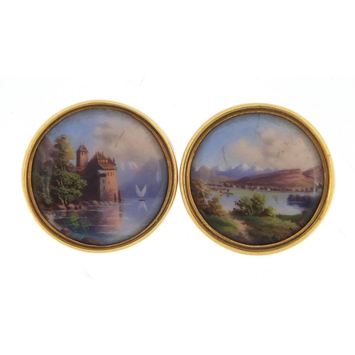 680A - Pair of unmarked gold and enamelled studs, depicting Chilton & Géneve, each 1.7cm in diameter, appro... 