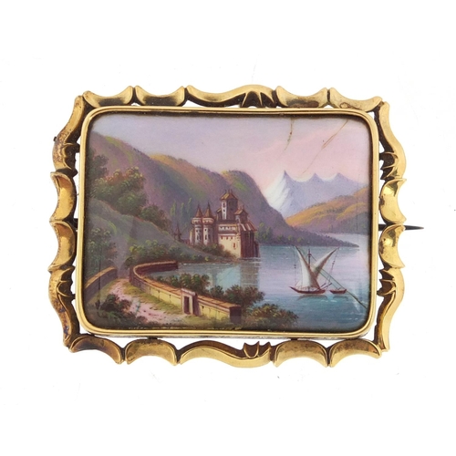 667A - Victorian unmarked gold enamelled brooch, Lake Lucerne Switzerland, 4.8cm wide, approximate weight 1... 