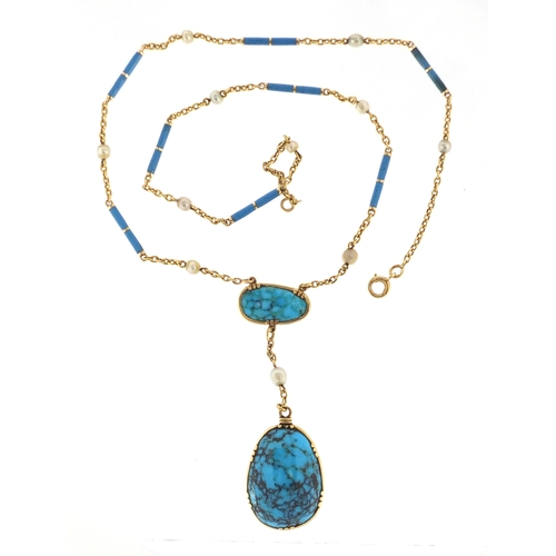 644 - 19th century French gold turquoise and seed pearl necklace, 46cm in length, approximate weight 21.8g