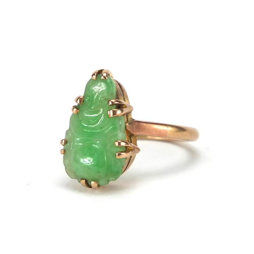 679 - 9ct gold green jade ring carved with Buddha, size K, approximate weight 3.9g