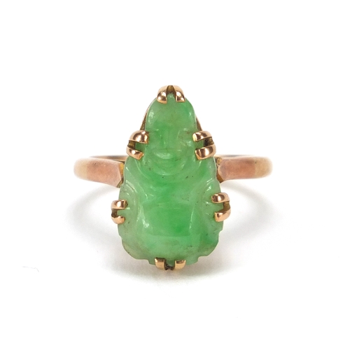 679 - 9ct gold green jade ring carved with Buddha, size K, approximate weight 3.9g