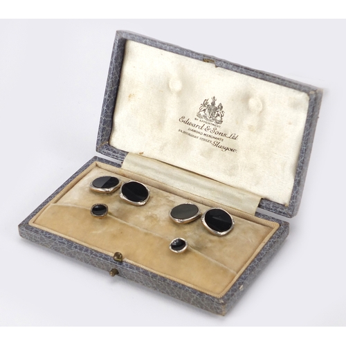 742 - Set of 9ct gold platinum and black onyx cuff links and studs, approximate weight 8.6g, housed in an ... 
