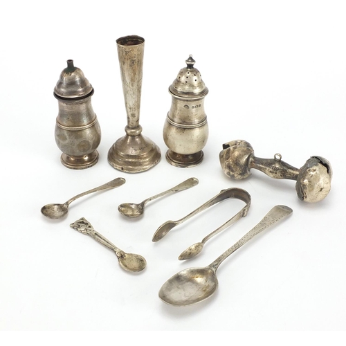 325 - Silver items including two baluster shaped casters, sugar tongs, Georgian teaspoon and a bud vase, v... 