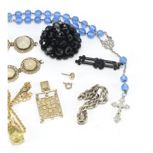 230 - Costume jewellery including a filigree metal bracelet set with cabochon stones, silver bracelet and ... 