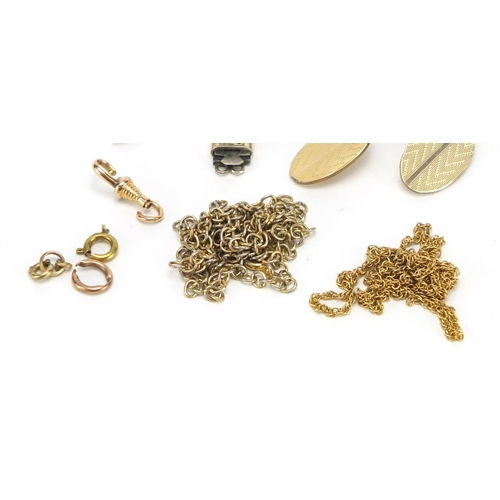 249 - Jewellery including pair of gold plated cufflinks with engine turned decoration, diamond style cupid... 