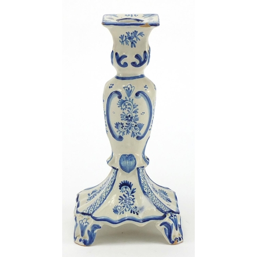 86 - Delft tin glazed blue and white pottery candlestick, 25cm high