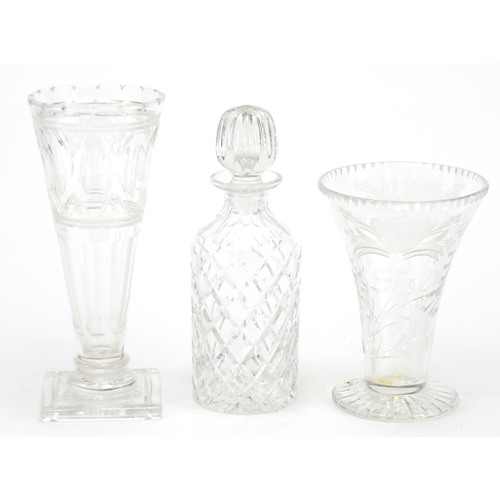 90 - Brierley crystal decanter and vase together with a Stuart crystal vase, the largest 27cm high