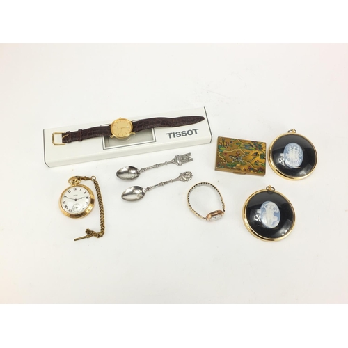 260 - Objects and costume jewellery including a ladies 9ct gold wristwatch, cameo miniatures, compact and ... 