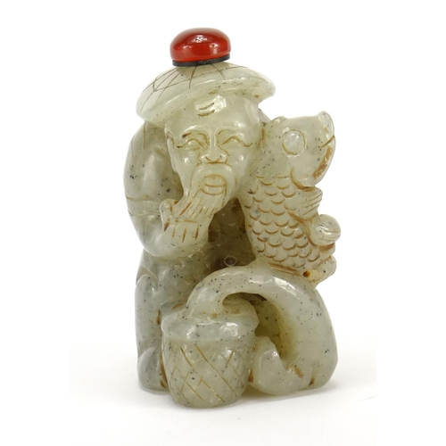 2545 - Chinese carved pale jade snuff bottle in the form of a fisherman with stopper, 7cm high
