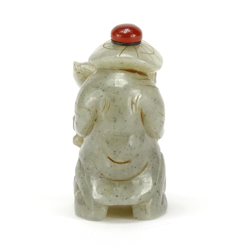 2545 - Chinese carved pale jade snuff bottle in the form of a fisherman with stopper, 7cm high