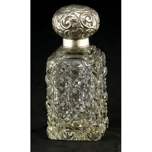 2587 - Victorian hobnail cut glass scent bottle with silver lid, indistinct hallmarks, 15cm high
