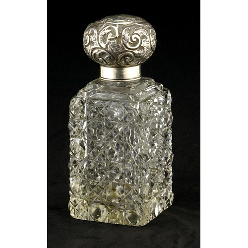 2587 - Victorian hobnail cut glass scent bottle with silver lid, indistinct hallmarks, 15cm high