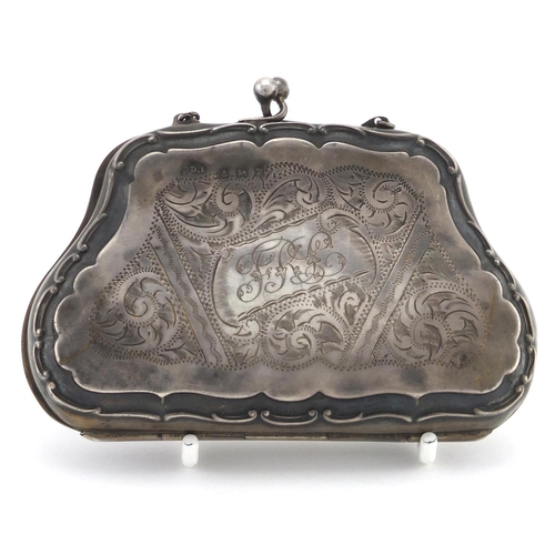 2606 - Silver coin purse with floral chased decoration and leather interior, by F D Long, Birmingham 1916, ... 