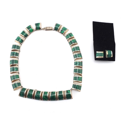 2875 - Designer Mexican silver and malachite necklace, with matching earrings, the necklace, 38cm in length... 