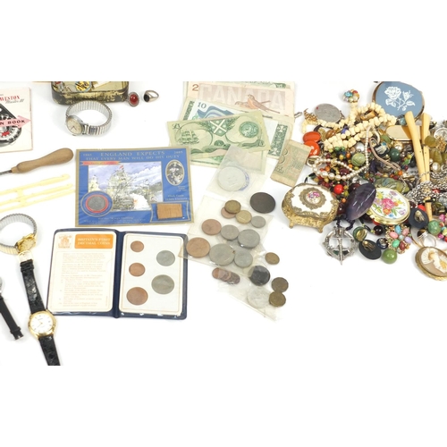 271 - Miscellaneous items including costume jewellery, wristwatches, silver plated teaspoons, coins, jewel... 