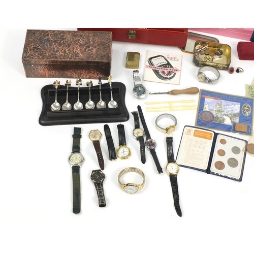 271 - Miscellaneous items including costume jewellery, wristwatches, silver plated teaspoons, coins, jewel... 