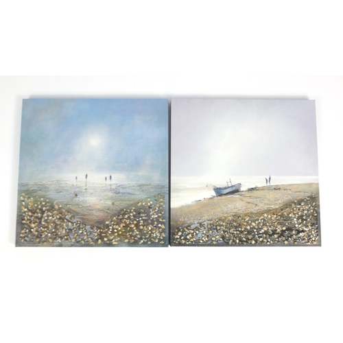222 - Michael Sanders - Fishing boats and sea mist, two unframed mixed media's on canvas, each with Cornwa... 