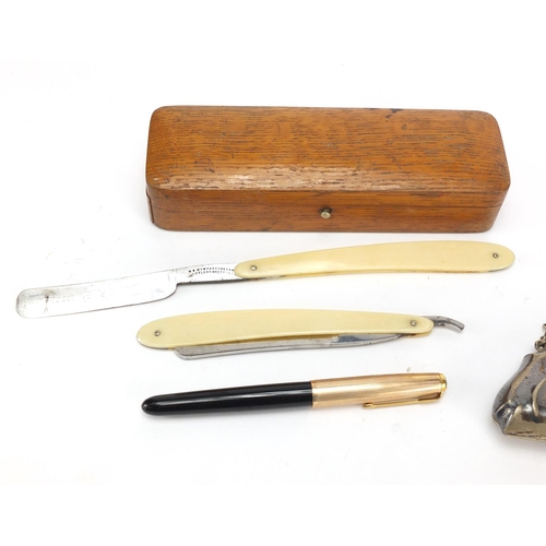 490 - Parker fountain pen, vintage cut throat razors and a silver plated coin purse