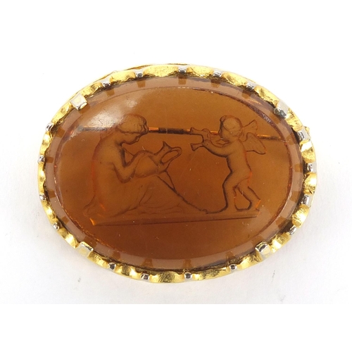 247 - Maiden and cherub intaglio brooch with gilt metal mount, 4.5cm in length