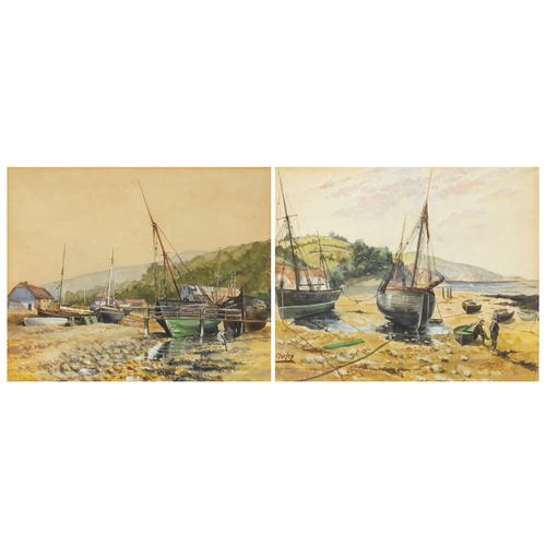 975 - Morley - Seashore with moored boats, pair of early 20th century watercolours, mounted and framed, ea... 
