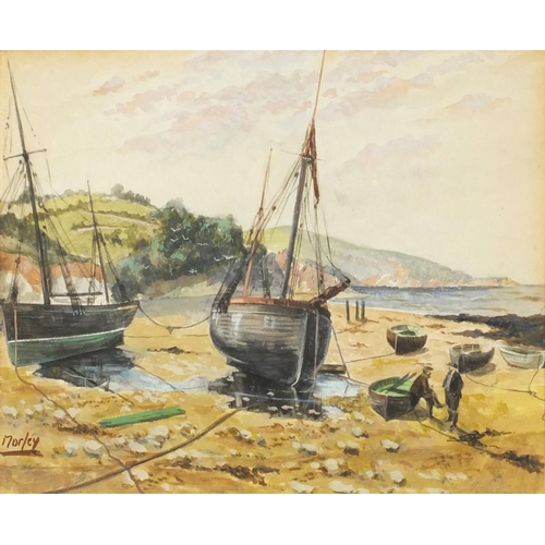 975 - Morley - Seashore with moored boats, pair of early 20th century watercolours, mounted and framed, ea... 