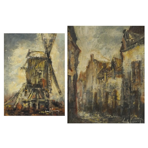 860 - Emile Lammers - Town scene and windmill, two oil on canvases, mounted and framed, the largest 38.5cm... 