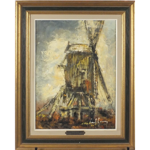 860 - Emile Lammers - Town scene and windmill, two oil on canvases, mounted and framed, the largest 38.5cm... 