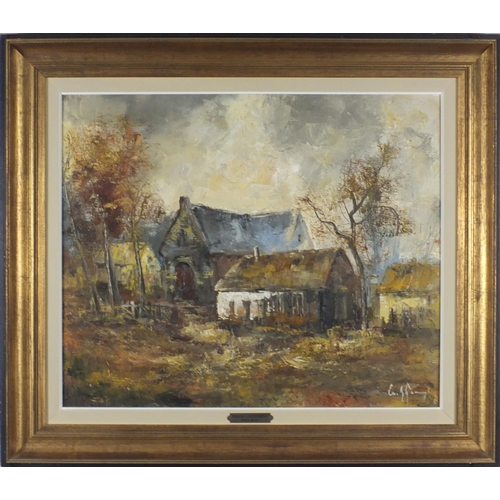 859 - Emile Lammers - Cottage in a landscape, oil on canvas, mounted and framed, 59cm x 48.5cm