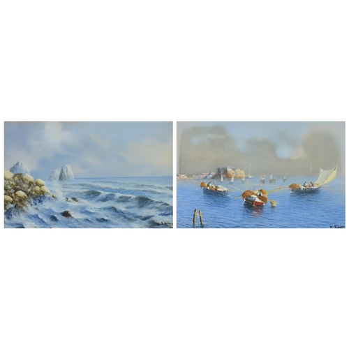 885 - Y Gianni - Maltese fisherman and coastal scene, pair of gouache's, mounted and framed, each 49cm x 3... 