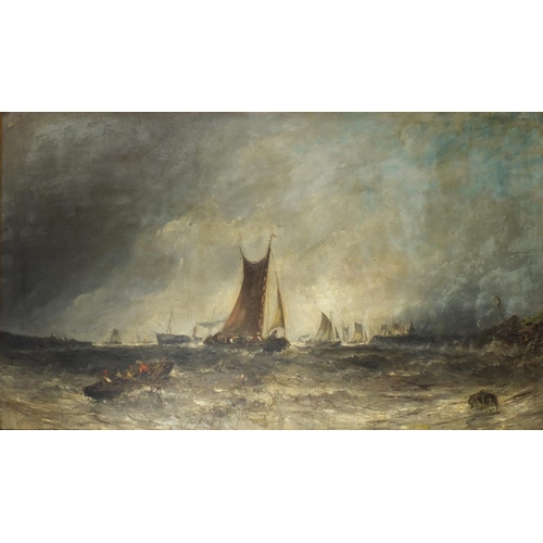 966 - Shipping off coast, 19th century maritime oil on canvas, framed, 125cm x 74cm