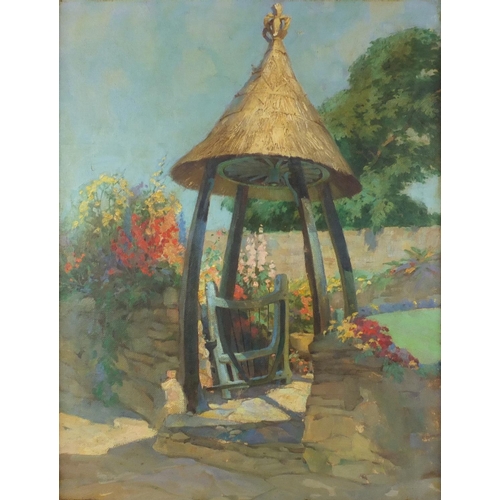 883 - Van Jones - Garden scene, oil on board, framed, 58cm x 44cm