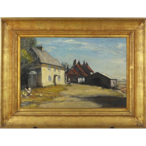 850 - Farm buildings, early 20th century oil on board, bearing a signature B Nelson and labels verso, moun... 