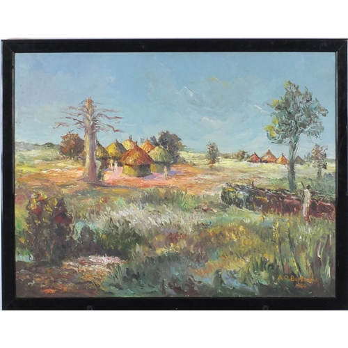 836 - Albert Osabu Bartimeus 1984 - African village, oil on canvas, framed, 58cm x 44cm