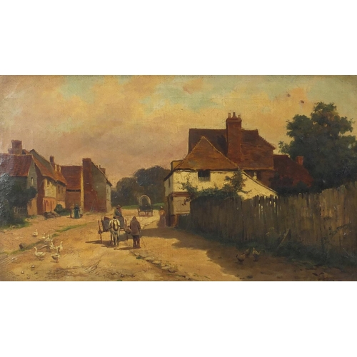863 - Will Andrews - Village street scene, 19th century oil on canvas, mounted and framed, 50cm x 29cm