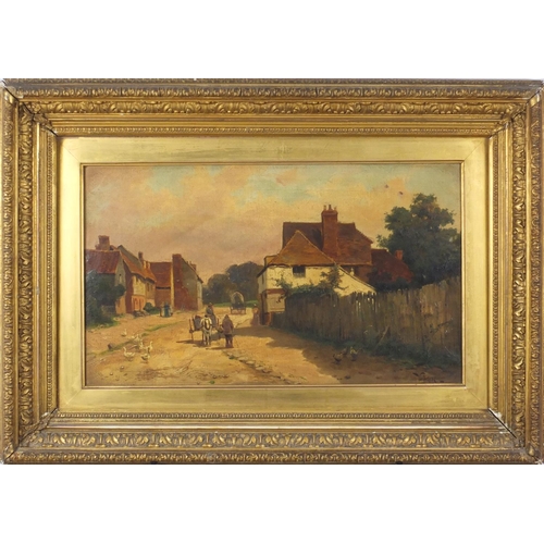 863 - Will Andrews - Village street scene, 19th century oil on canvas, mounted and framed, 50cm x 29cm