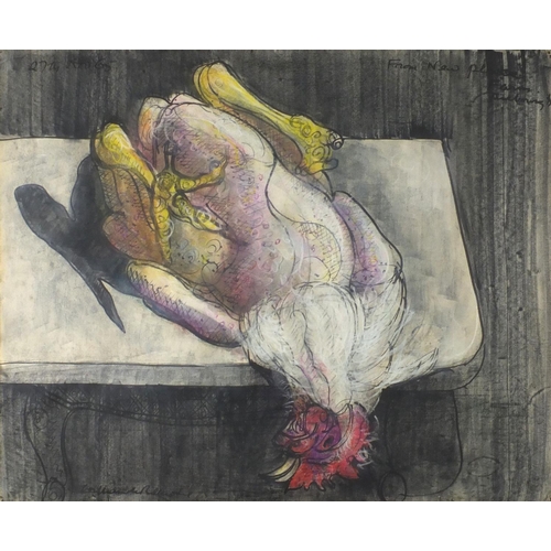 931 - William De Belleroche - Cockerel on a table, mixed media, label verso, mounted and framed, 71cm x 58... 