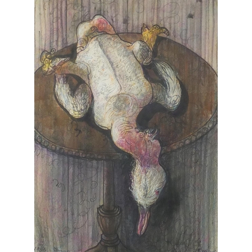 930 - William De Belleroche - Duck on a table, mixed media, inscribed verso, mounted and framed, 66cm x 48... 